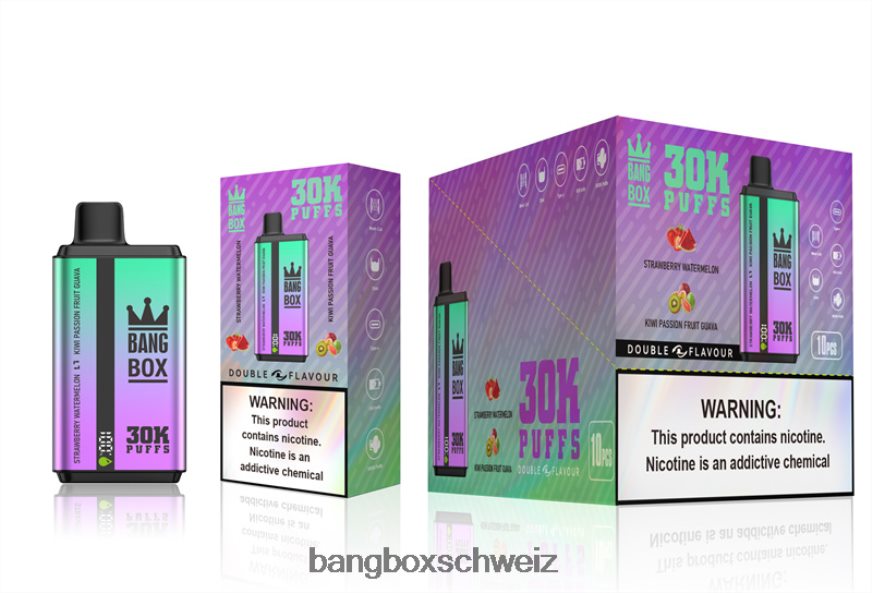 Bang Box Vape Kaufen 26T82H70 Erdbeere, Wassermelone und Kiwi, Passionsfrucht, Guave | Bang Box 30.000 Züge, zwei Geschmacksrichtungen